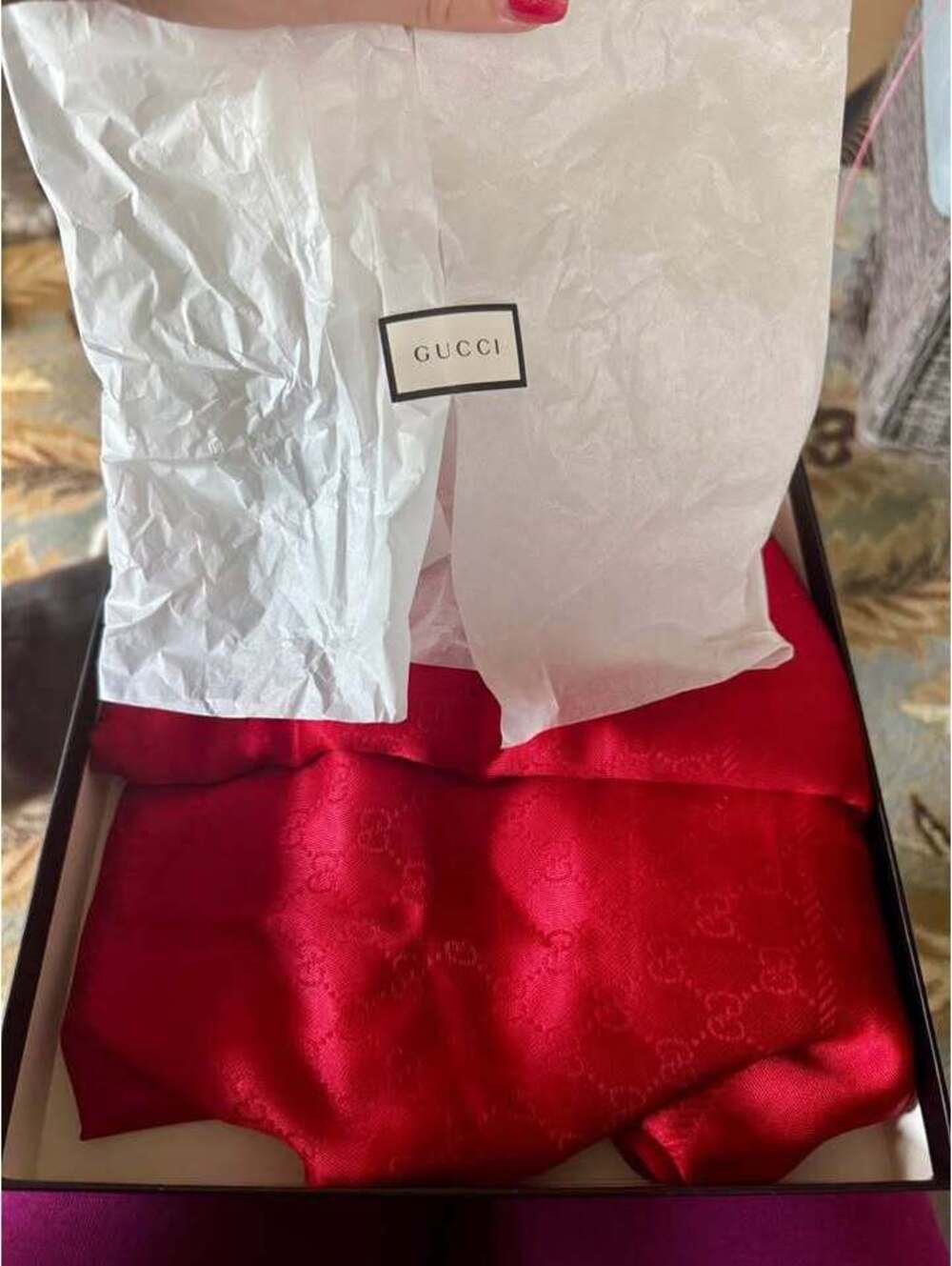 Authentic GUCCI Red Shawl + Box & Ribbon Perfection! 🎀